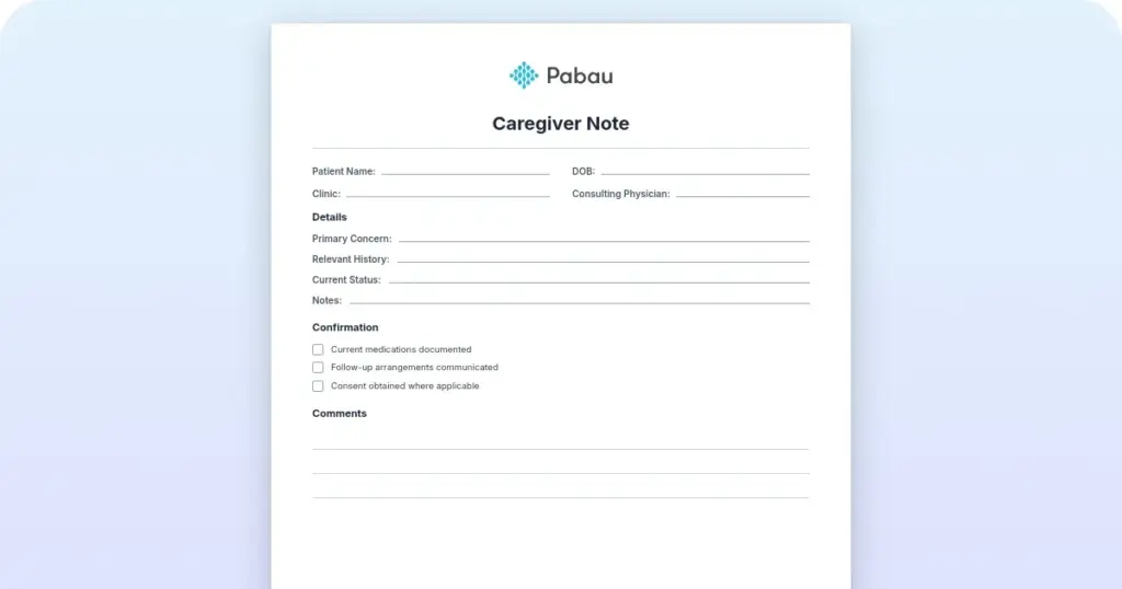 A caregiver note template preview from Pabau