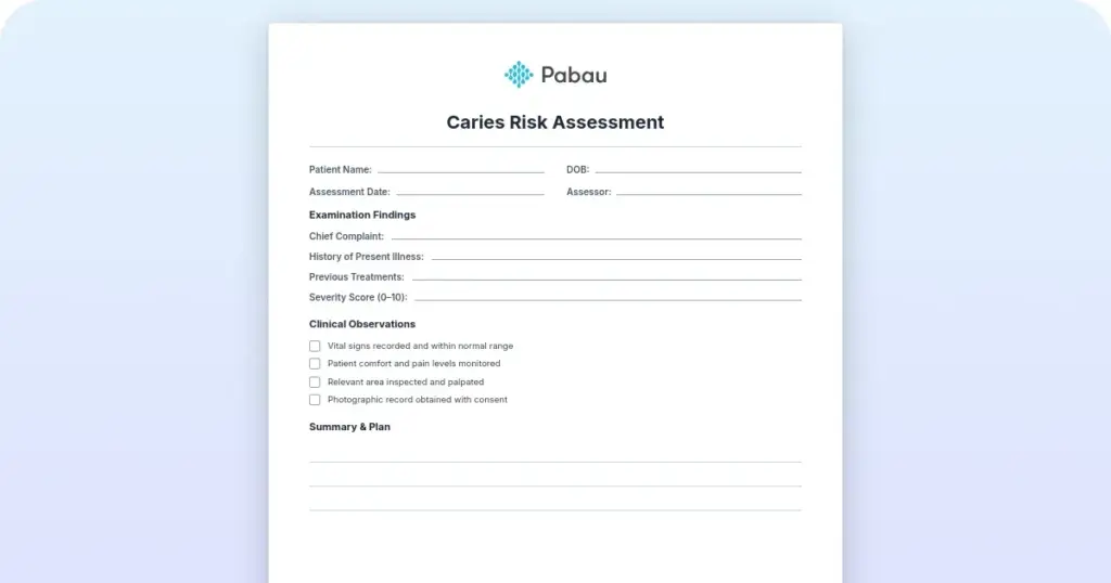 Caries risk assessment preview from Pabau