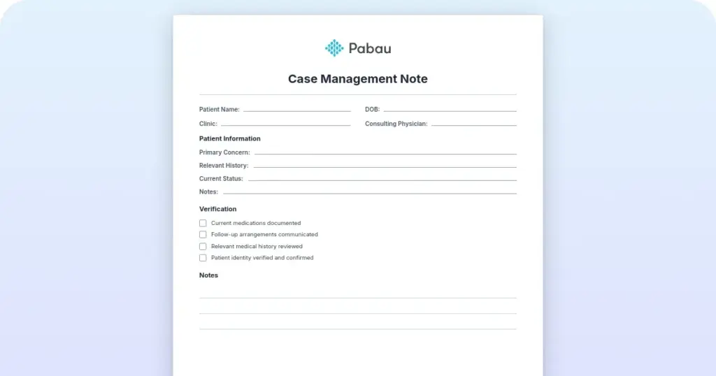 Case Management Note preview from Pabau