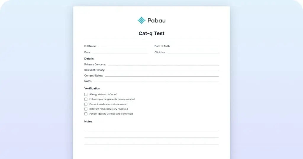 CAT-Q test: Free template preview from Pabau
