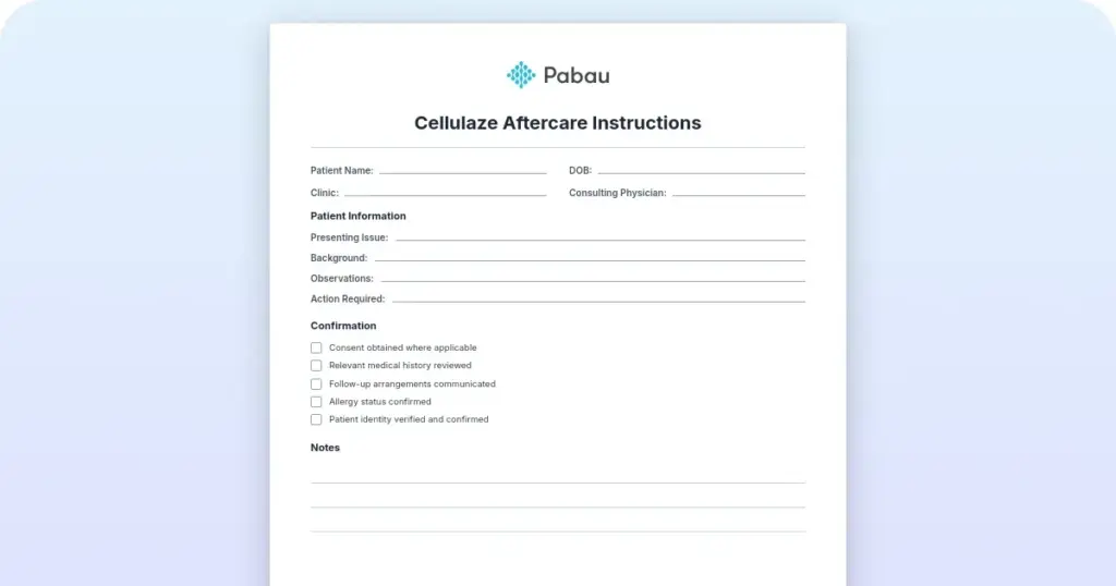 Cellulaze aftercare instructions template (free download) preview from Pabau