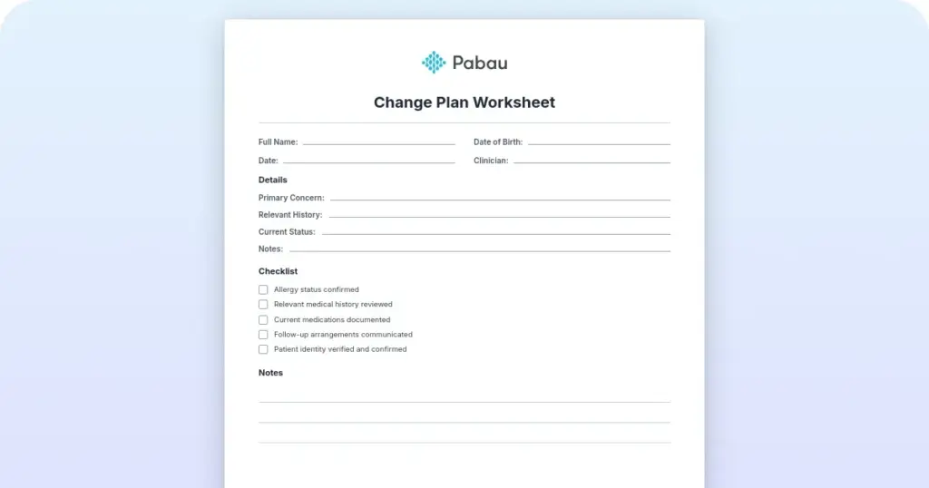 Change plan worksheet for therapy and mental health practices preview from Pabau
