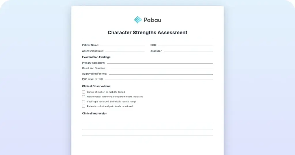 Character strengths assessment: Free template and scoring guide preview from Pabau