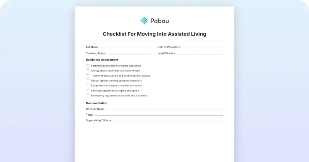Checklist for moving into assisted living preview from Pabau