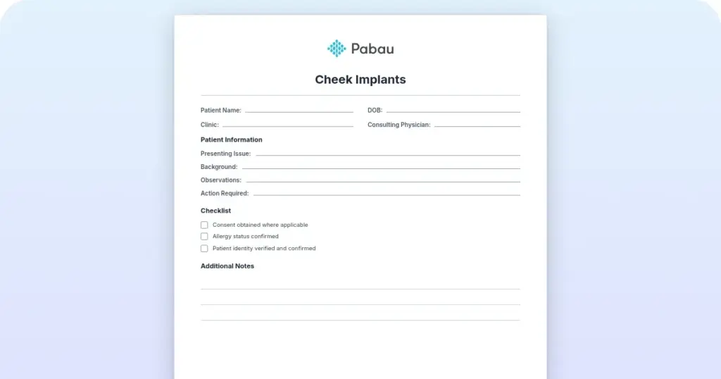 Cheek implants template for consultation, consent, and aftercare preview from Pabau