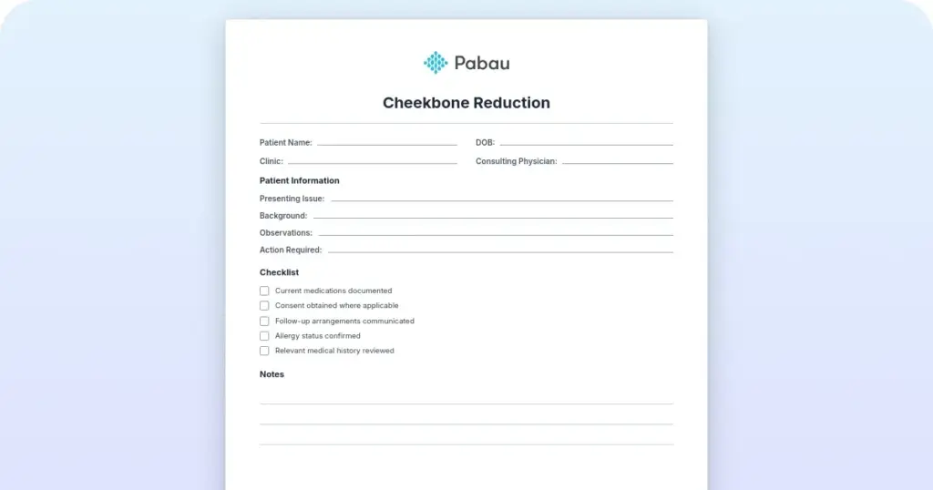 Cheekbone reduction consultation form: Free consent template preview from Pabau