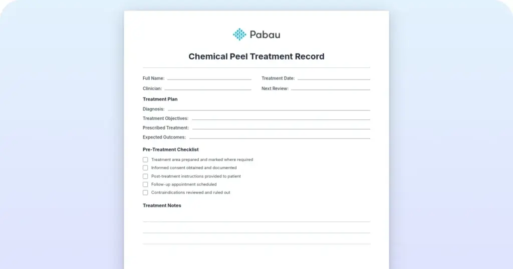Chemical peel treatment record preview from Pabau