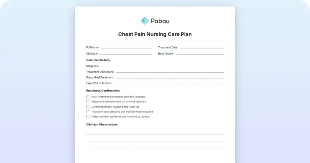 Chest pain nursing care plan preview from Pabau