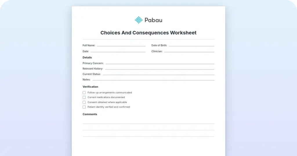 Choices and consequences worksheet: A free printable decision-making tool preview from Pabau