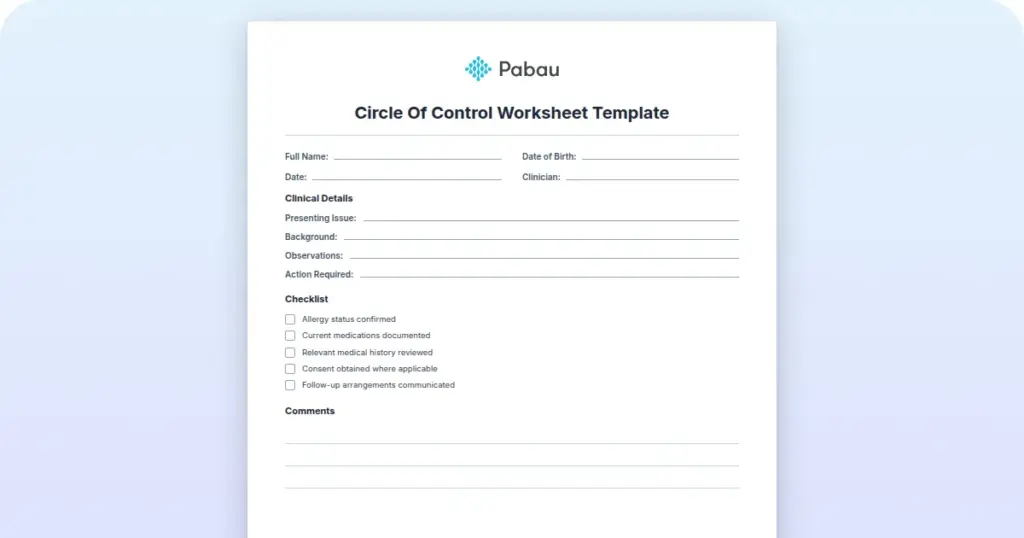 Circle Of Control Worksheet Template preview from Pabau