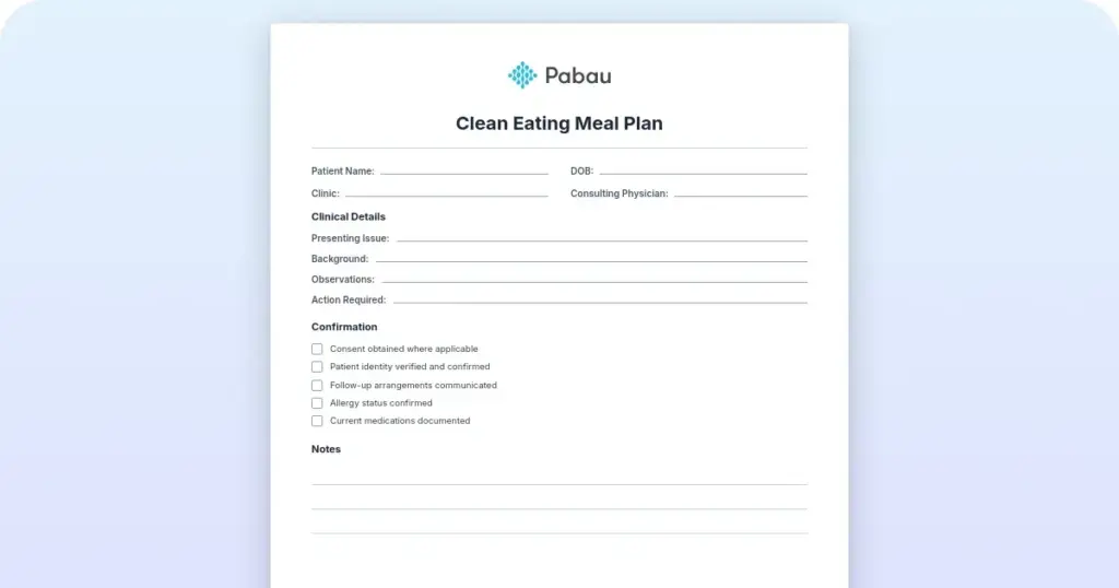 Clean eating meal plan preview from Pabau
