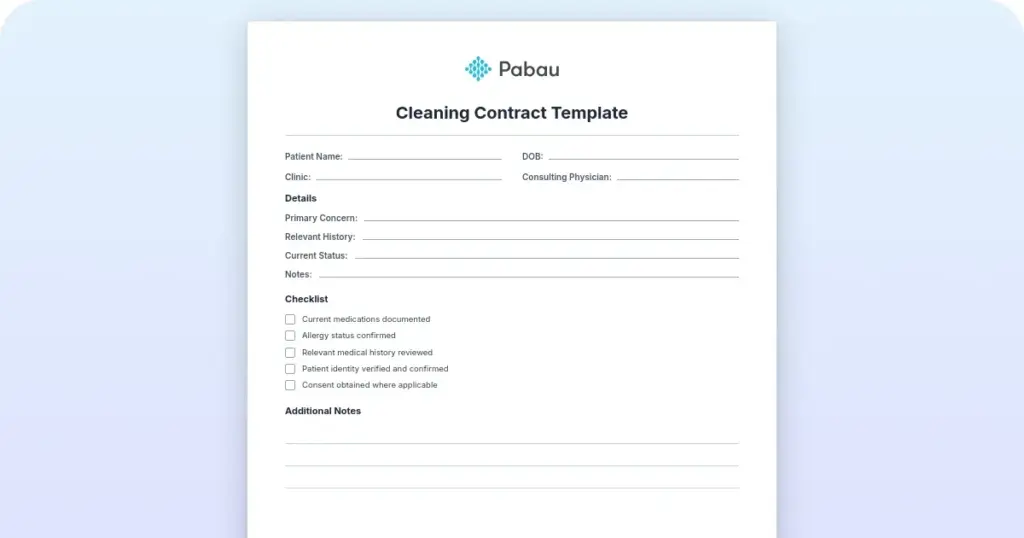 Free cleaning contract template preview from Pabau