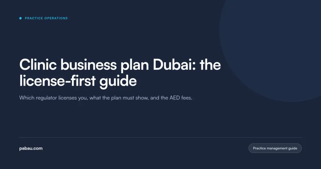 Pabau blog card: clinic business plan Dubai, the license-first guide to which regulator licenses you, what the plan must show, and the AED fees