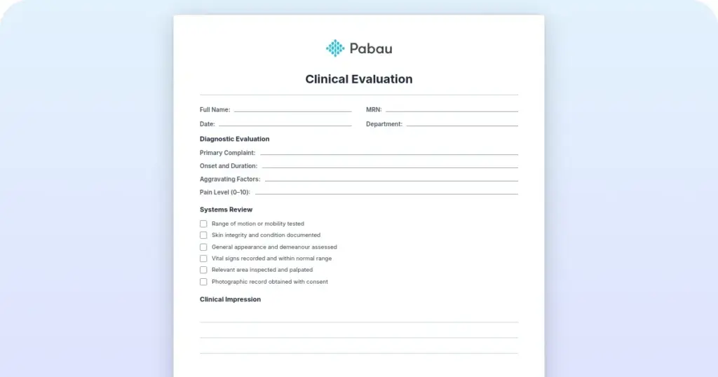 Clinical evaluation preview from Pabau