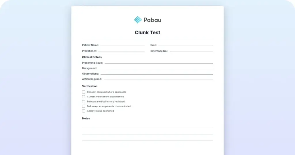 Clunk test: Procedure, interpretation and documentation template preview from Pabau
