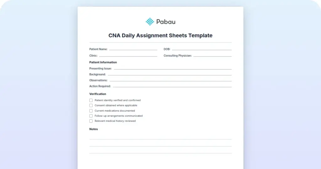 CNA Daily Assignment Sheets Template preview from Pabau
