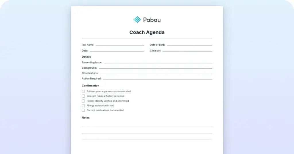 Coaching session agenda template preview from Pabau