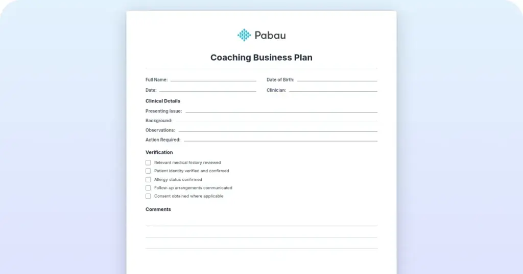 Coaching business plan template preview from Pabau
