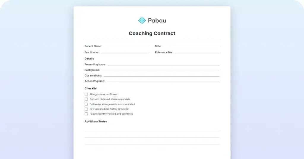 Coaching contract: Free template preview from Pabau
