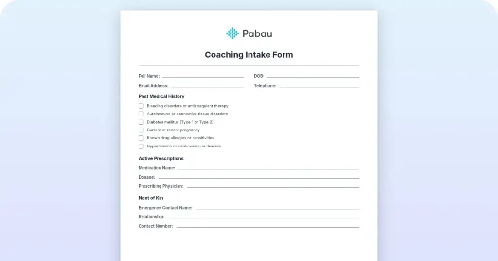 Coaching Intake Form preview from Pabau
