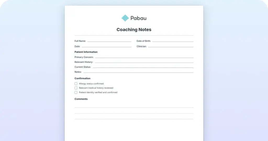 Coaching notes template – Free PDF download preview from Pabau