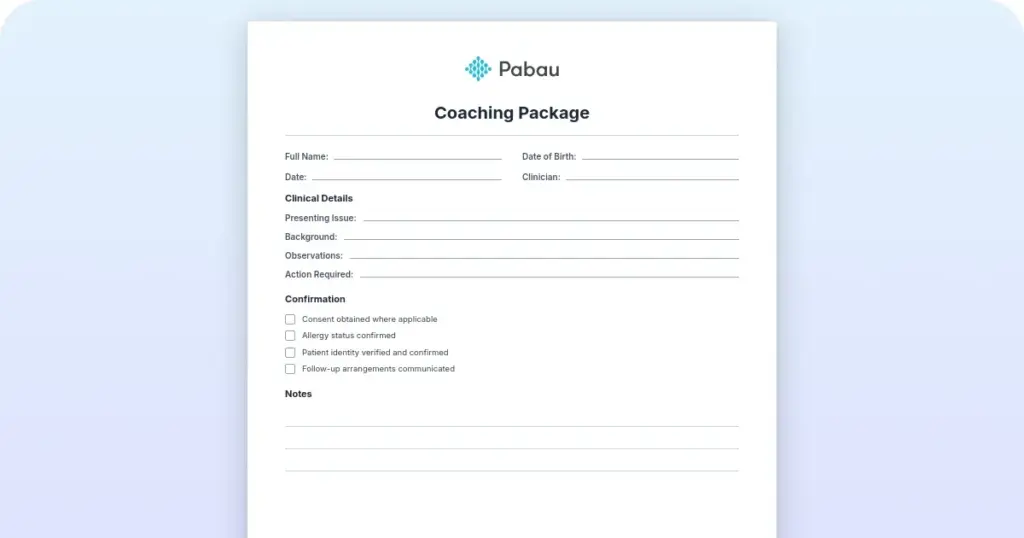 Coaching package template: Create, price, and sell your services preview from Pabau