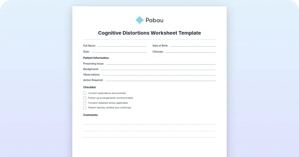 Cognitive Distortions Worksheet Template preview from Pabau