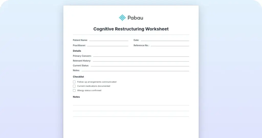 Free cognitive restructuring worksheet: A therapist's guide (PDF) preview from Pabau