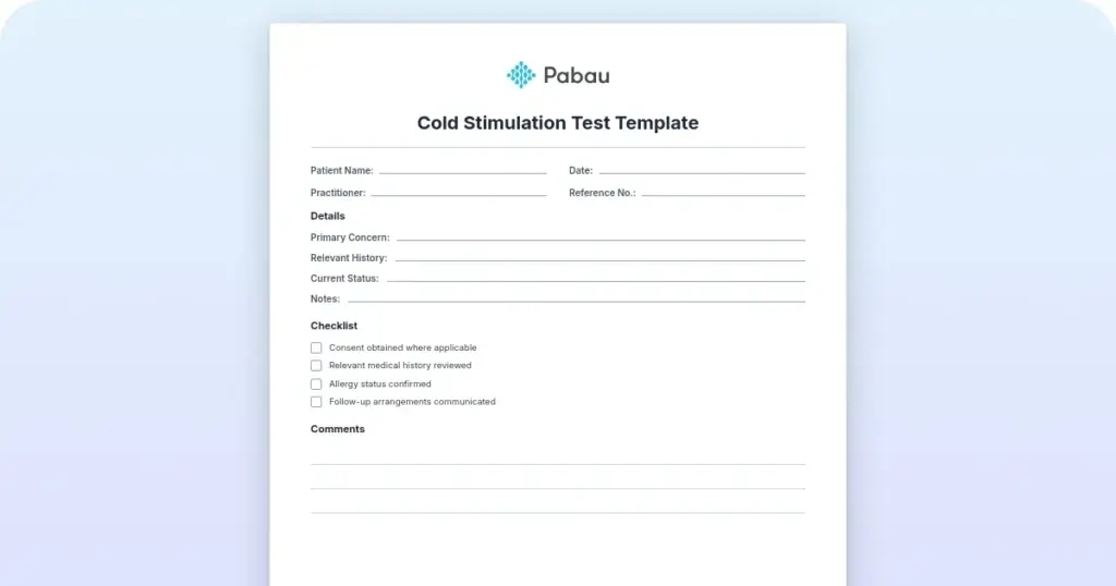 Cold stimulation test template preview from Pabau