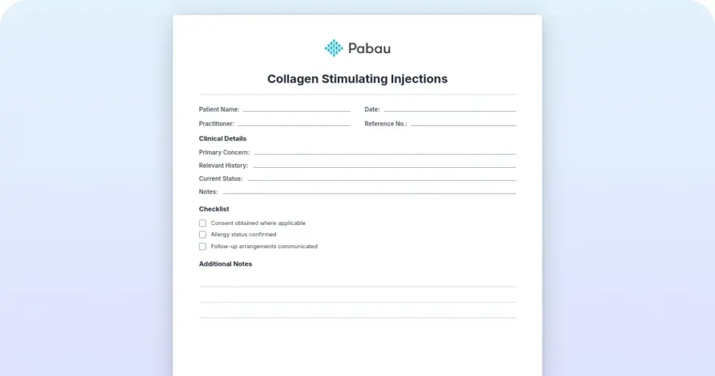 Collagen stimulating injections consent form template preview from Pabau