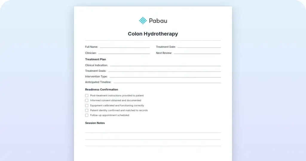 Colon hydrotherapy template: intake, consent, and aftercare forms preview from Pabau