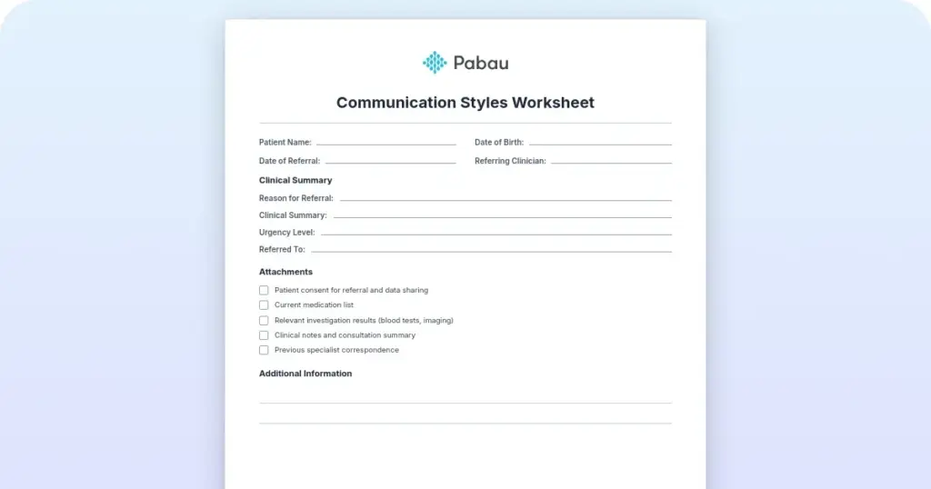 Communication styles worksheet preview from Pabau
