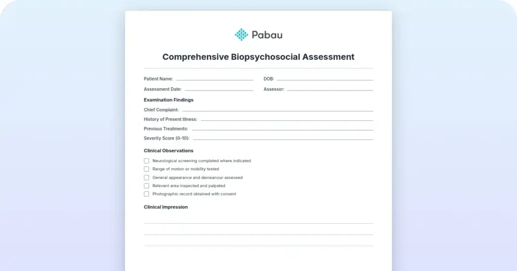 Comprehensive biopsychosocial assessment template preview from Pabau