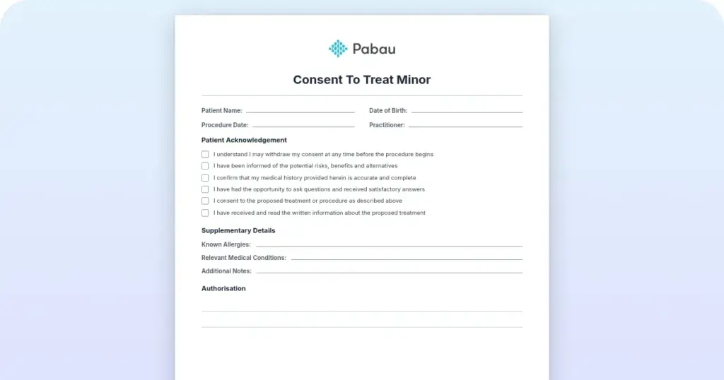 Consent to treat minor form preview from Pabau