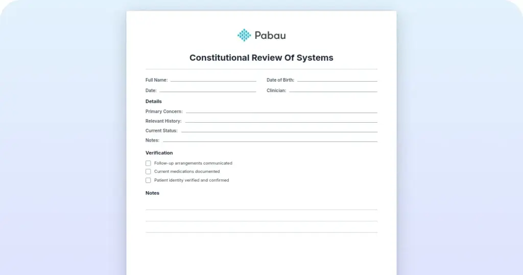 Constitutional review of systems: Template and checklist preview from Pabau