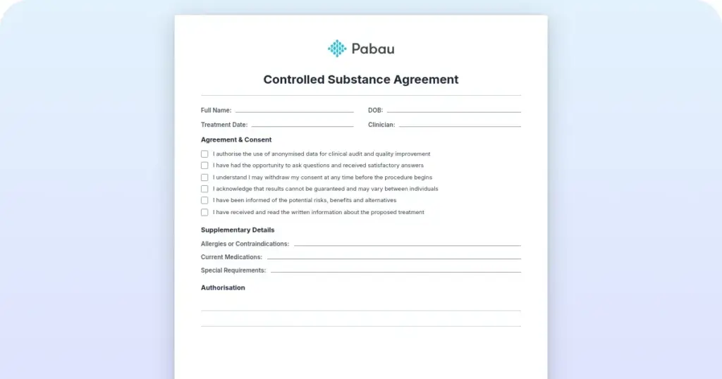 Controlled substance agreement preview from Pabau