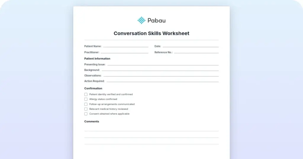 Conversation skills worksheet: Free template for therapists preview from Pabau