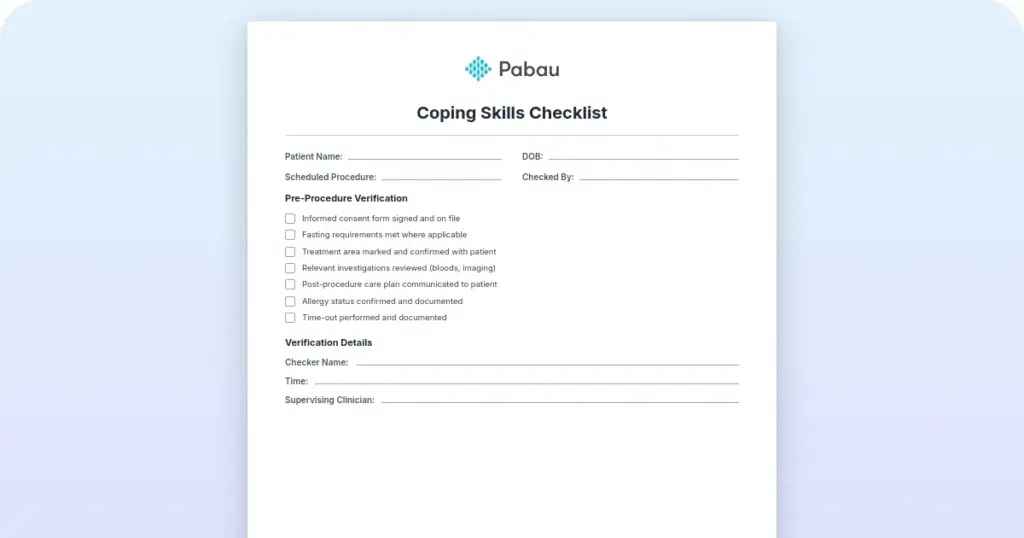 Coping skills checklist: Free printable PDF for therapists preview from Pabau