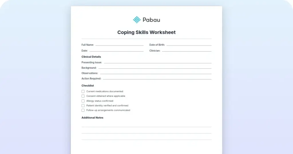 Coping skills worksheet preview from Pabau