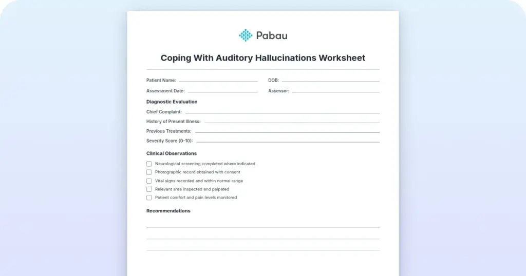 Coping with auditory hallucinations worksheet: Free printable PDF preview from Pabau
