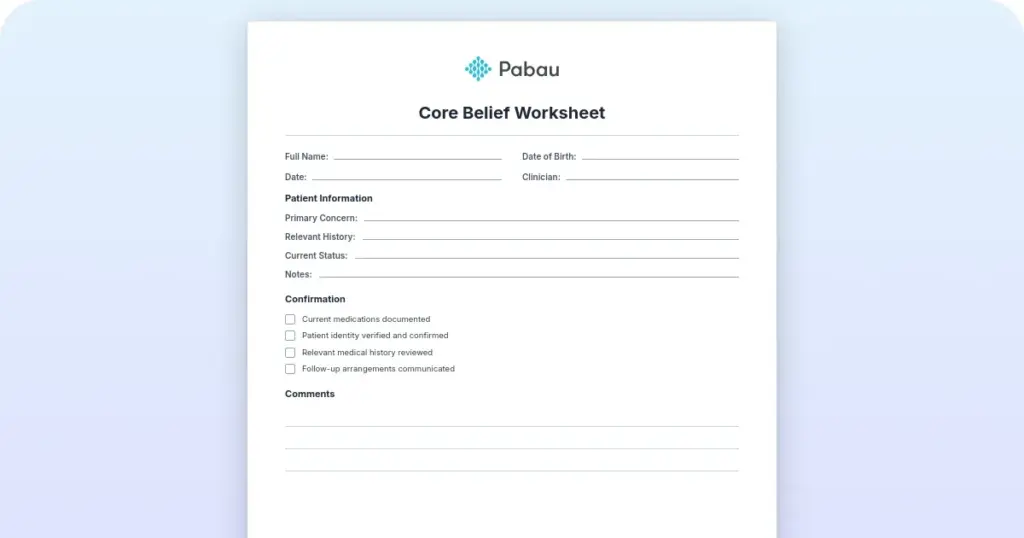 Core belief worksheet: Free printable CBT template preview from Pabau