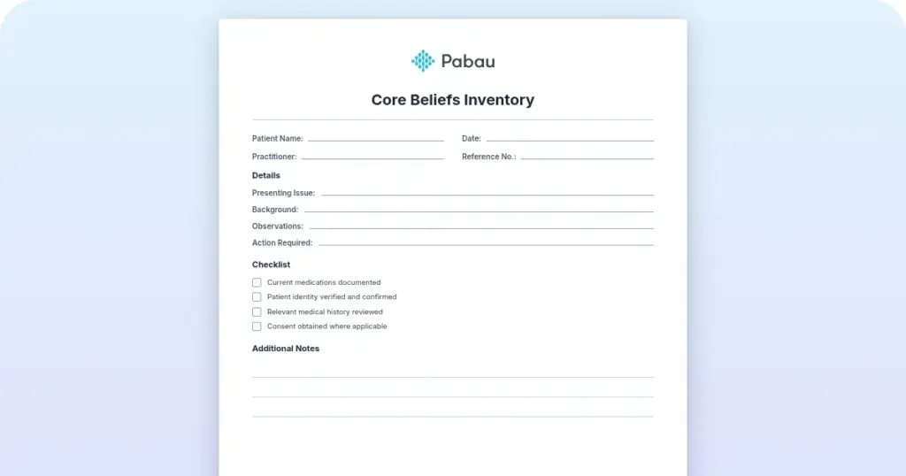 Core Beliefs Inventory: Free worksheet for therapists and coaches preview from Pabau