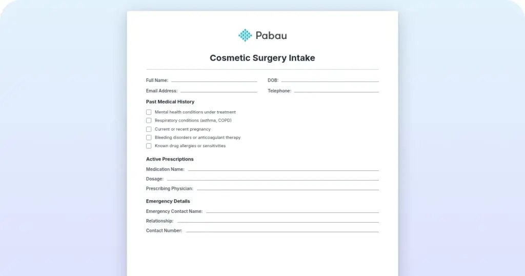 Cosmetic Surgery Intake Form preview from Pabau