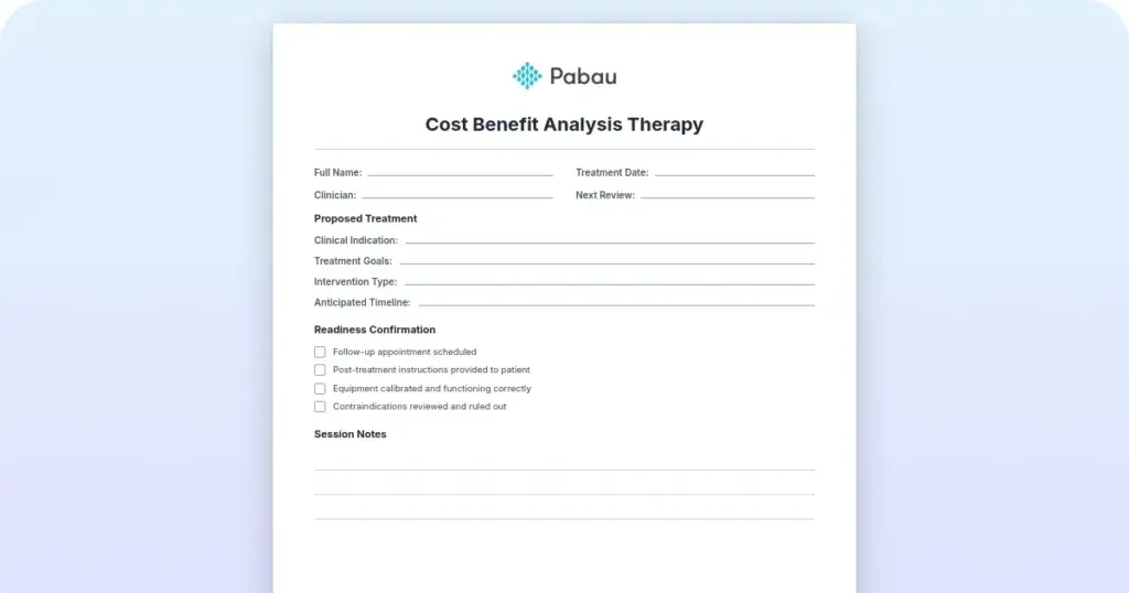 Cost-benefit analysis therapy worksheet (free template) preview from Pabau