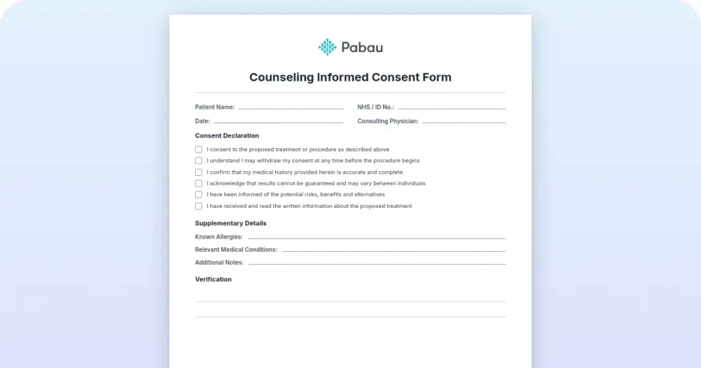 Counseling informed consent form preview from Pabau