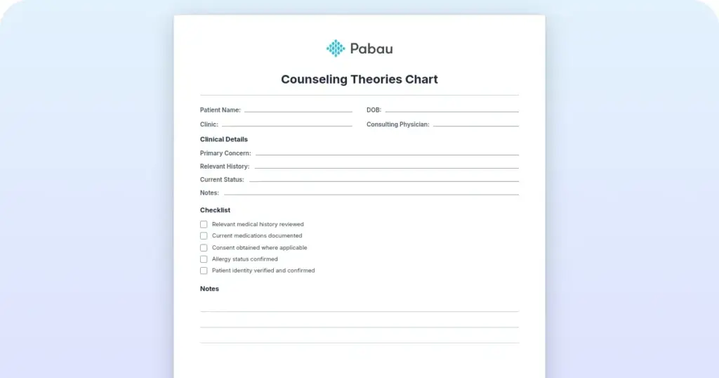 Counseling theories chart preview from Pabau