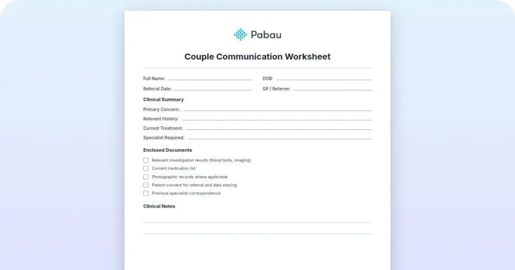 Couple communication worksheet: Complete guide for therapists preview from Pabau