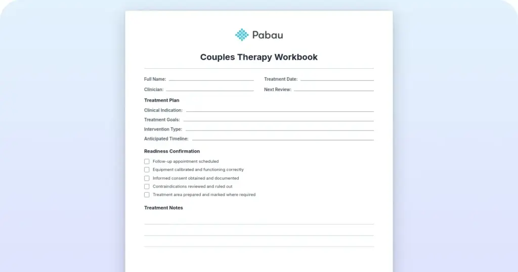 Couples therapy workbook preview from Pabau