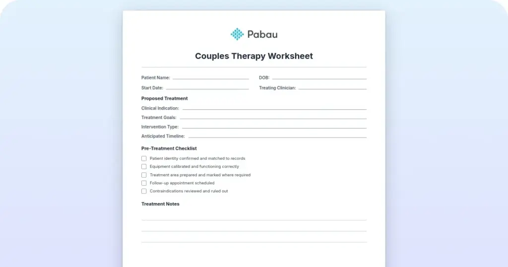 Couples therapy worksheet & guide preview from Pabau