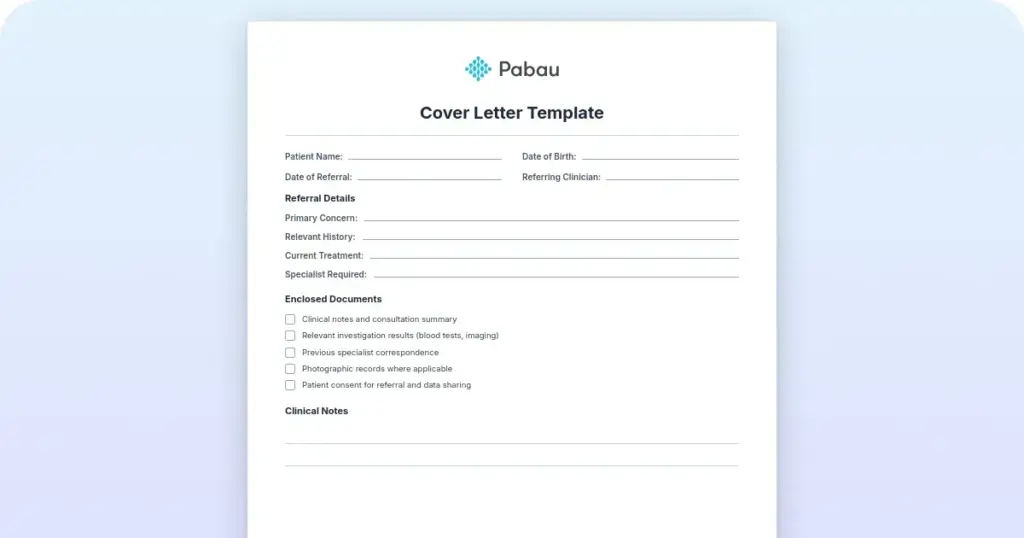 Cover letter template for healthcare professionals preview from Pabau